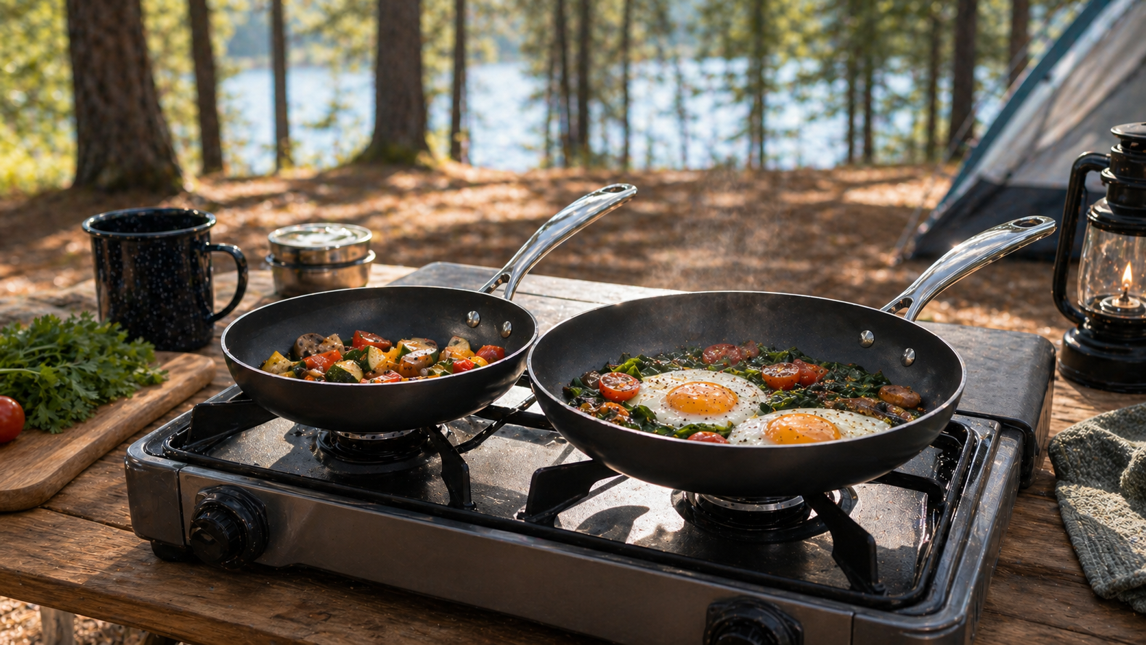 All-Clad HA1 Fry Pan Set Review: Powerful Camp Kitchen Upgrade 1 Two black nonstick fry pans cooking eggs and vegetables on a camp stove