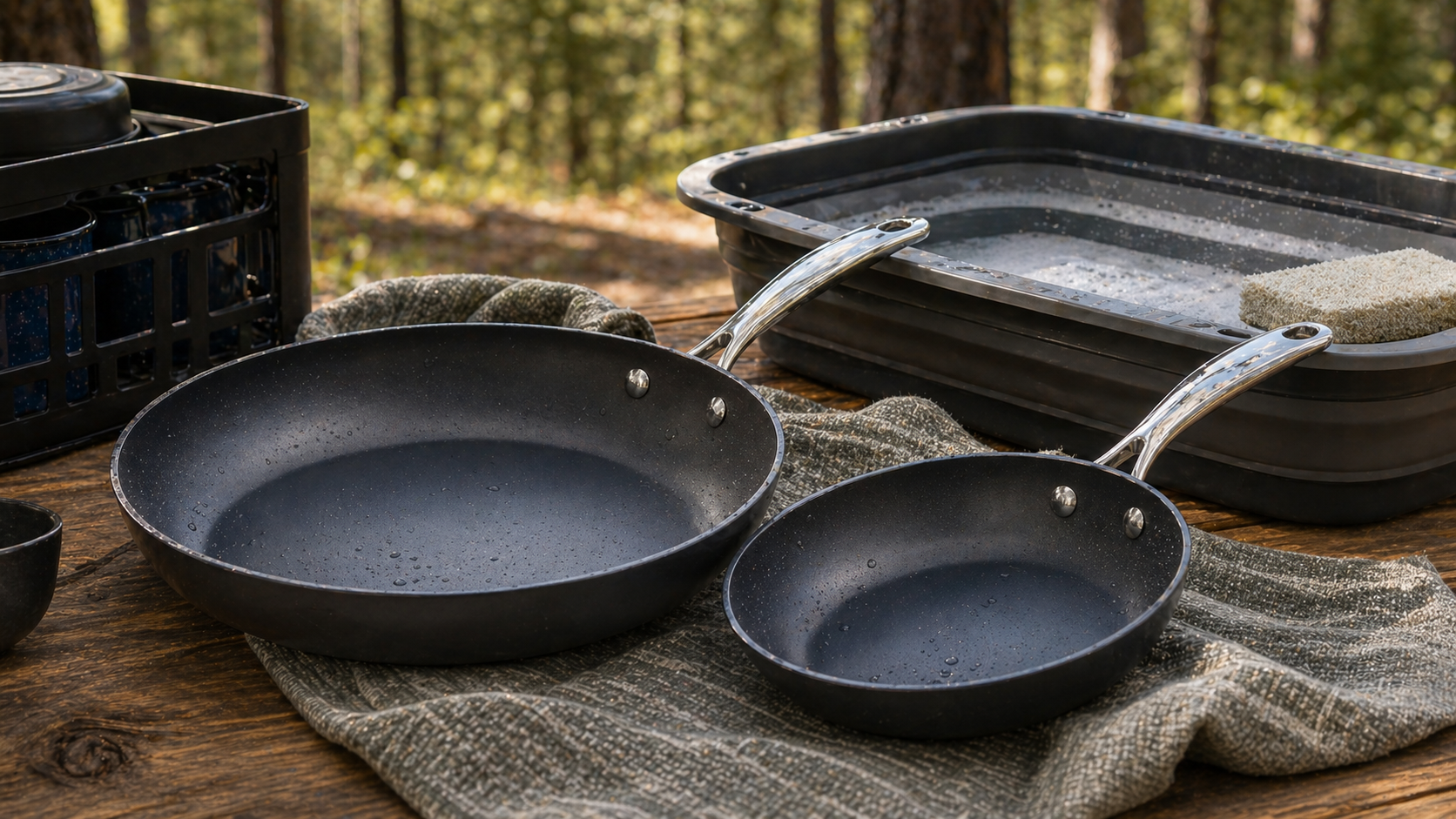 All-Clad HA1 Fry Pan Set Review: Powerful Camp Kitchen Upgrade 3 Black nonstick fry pans cooling beside a camp kitchen wash basin