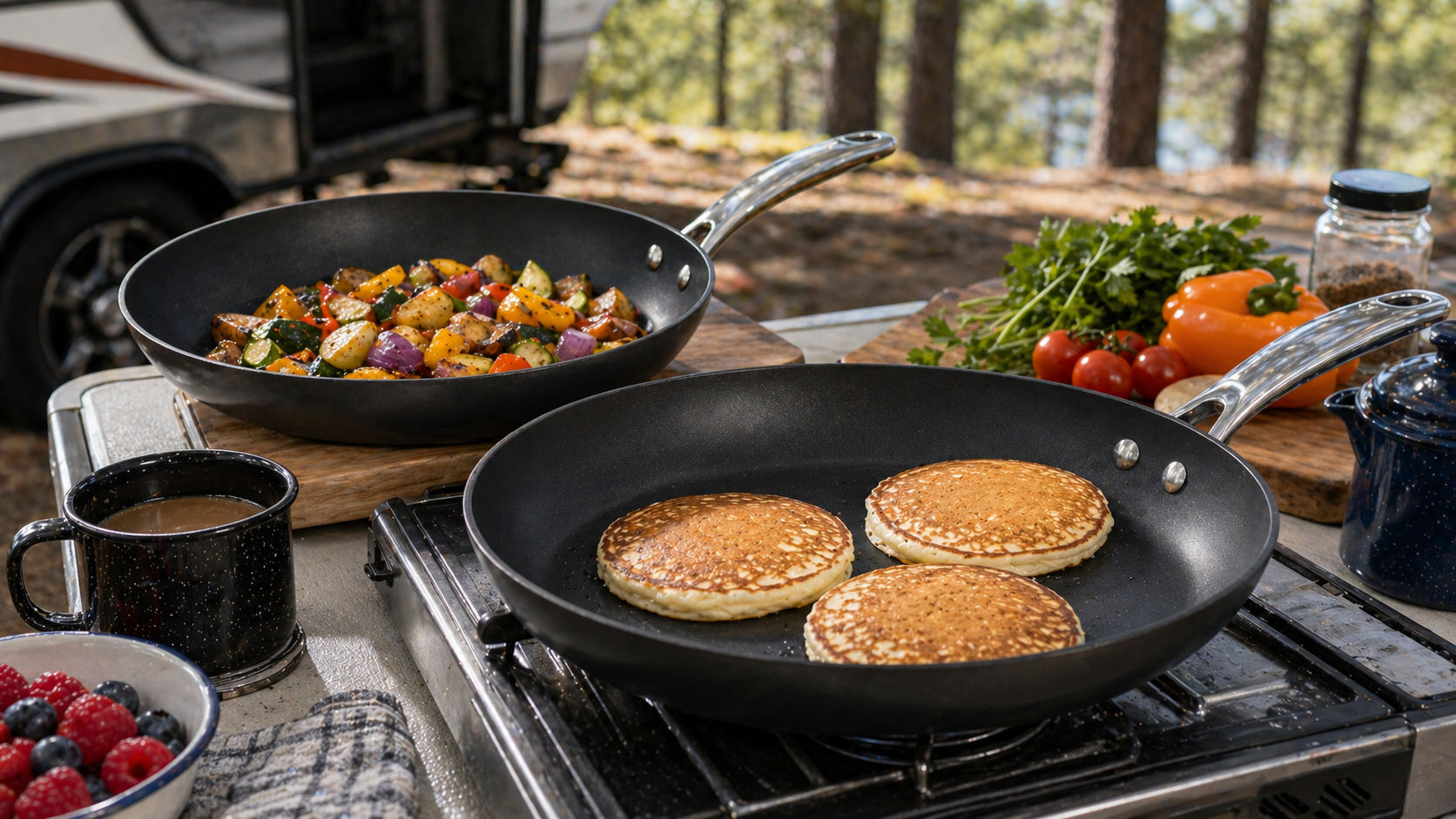 All-Clad HA1 Fry Pan Set Review: Powerful Camp Kitchen Upgrade 2 Black nonstick fry pan set cooking pancakes and vegetables at a campsite
