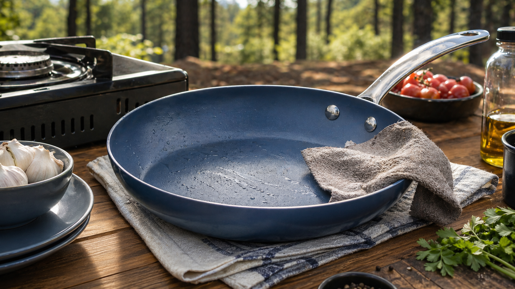 Blue ceramic frying pan being wiped clean at an outdoor camp kitchen