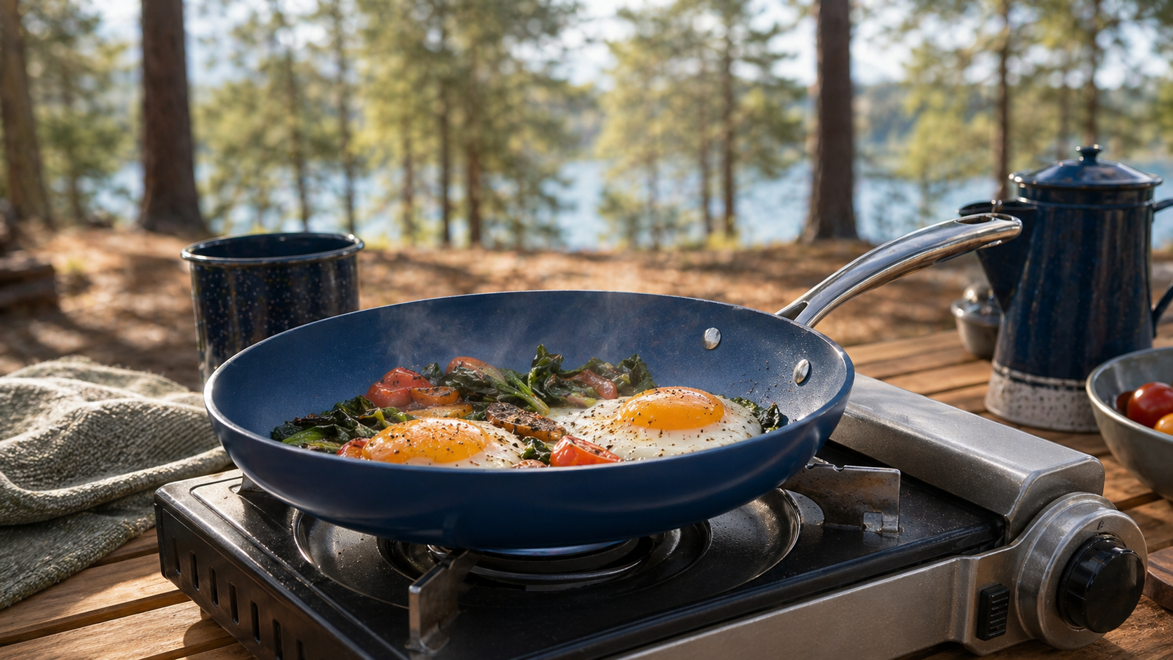 Blue ceramic frying pan cooking eggs on a camp stove