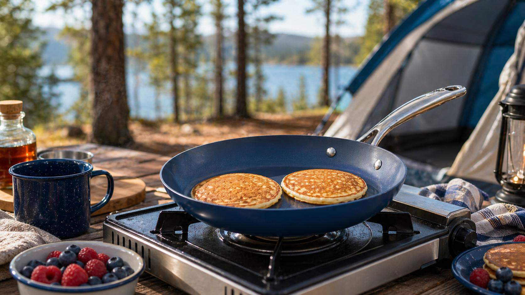 Blue ceramic frying pan cooking pancakes beside a campsite
