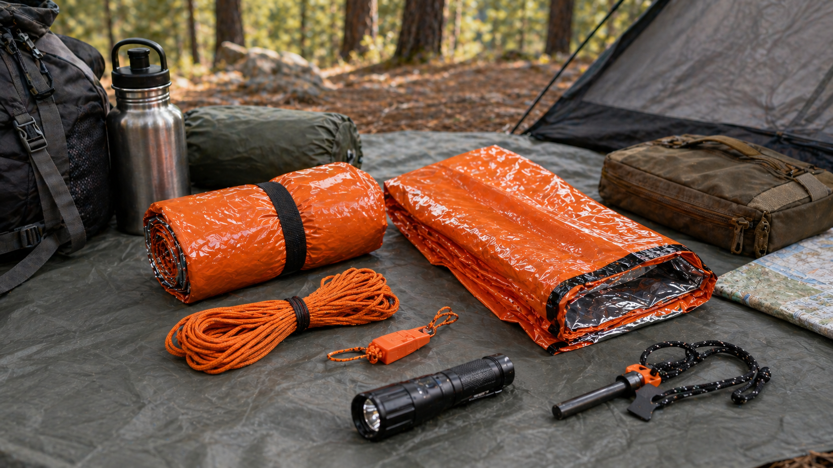 Emergency shelter kit layout with paracord whistle and camping tools