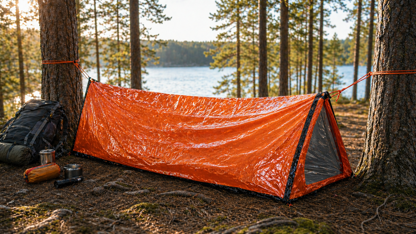 Orange emergency tube tent setup between trees near a lake