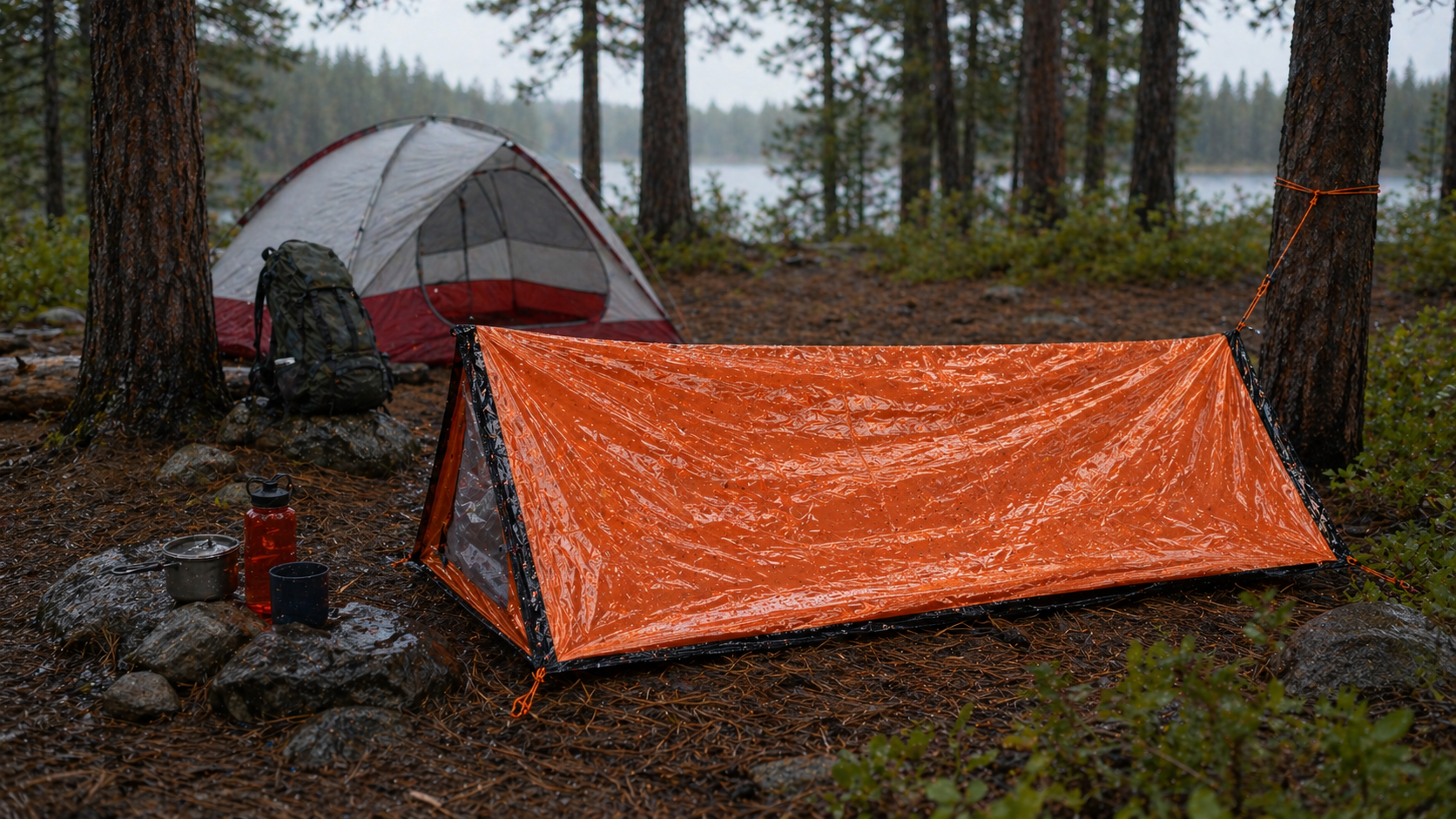 Emergency tube tent pitched in rainy forest camp