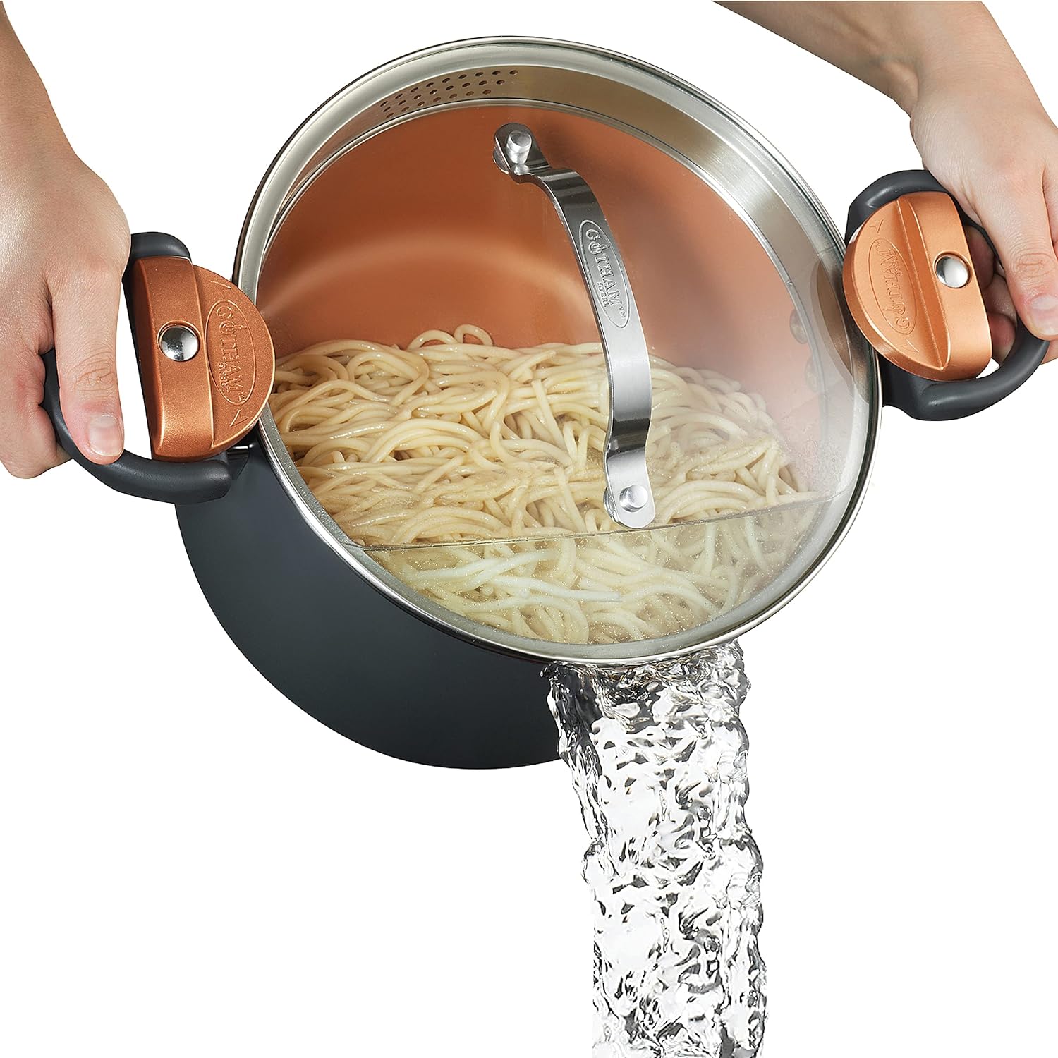 Gotham Steel 5 Quart Stock Pot Multipurpose Pasta Pot with Strainer Lid and Twist and Lock Handles