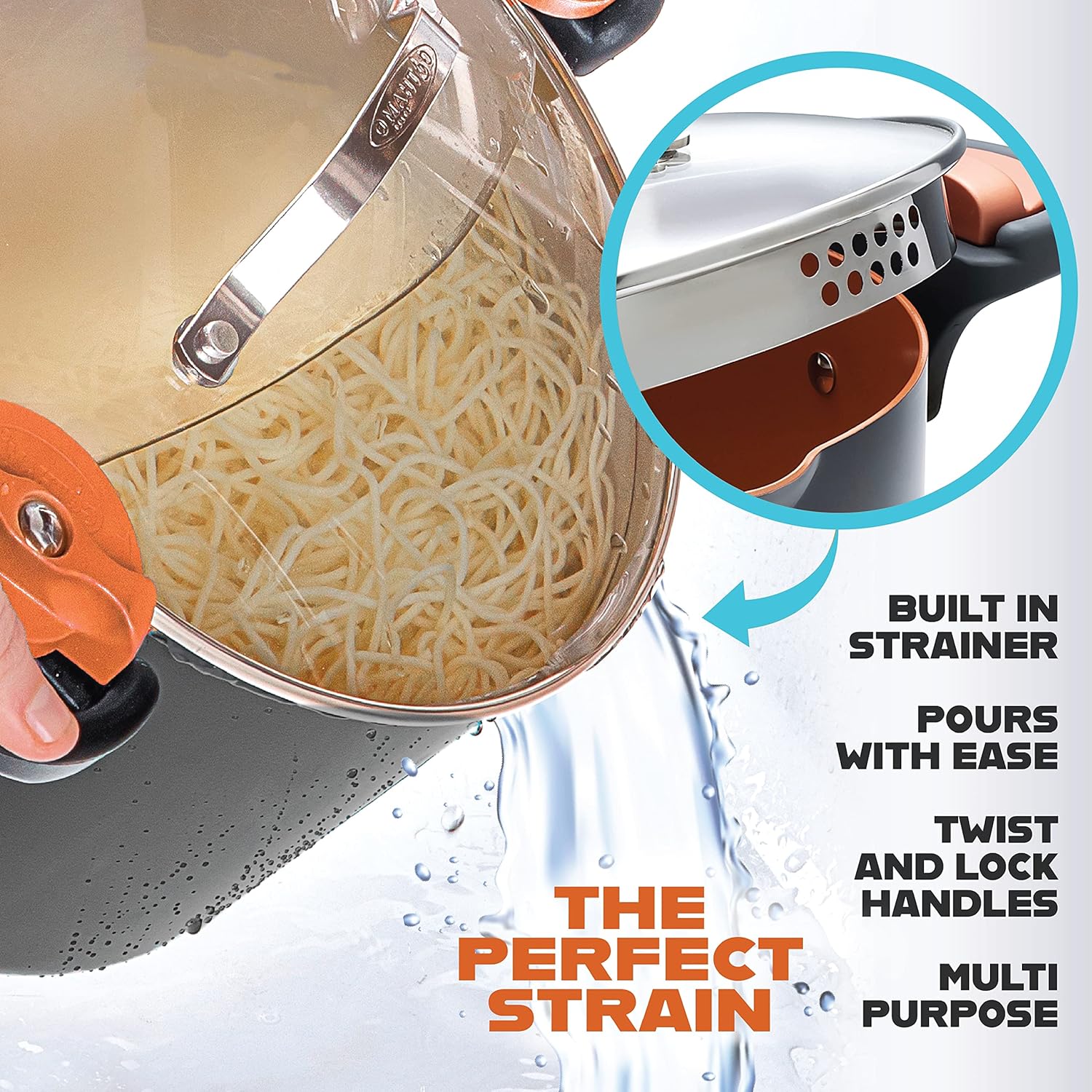 Gotham Steel 5 Quart Stock Pot Multipurpose Pasta Pot with Strainer Lid and Twist and Lock Handles