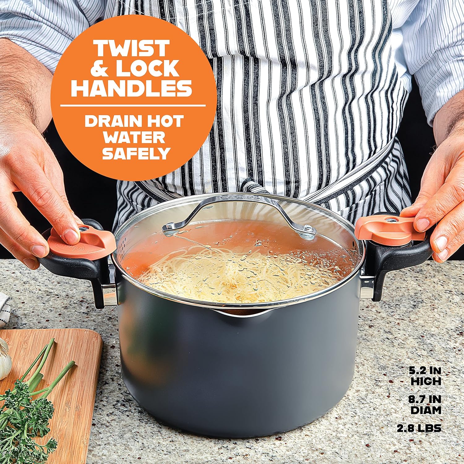 Gotham Steel 5 Quart Stock Pot Multipurpose Pasta Pot with Strainer Lid and Twist and Lock Handles