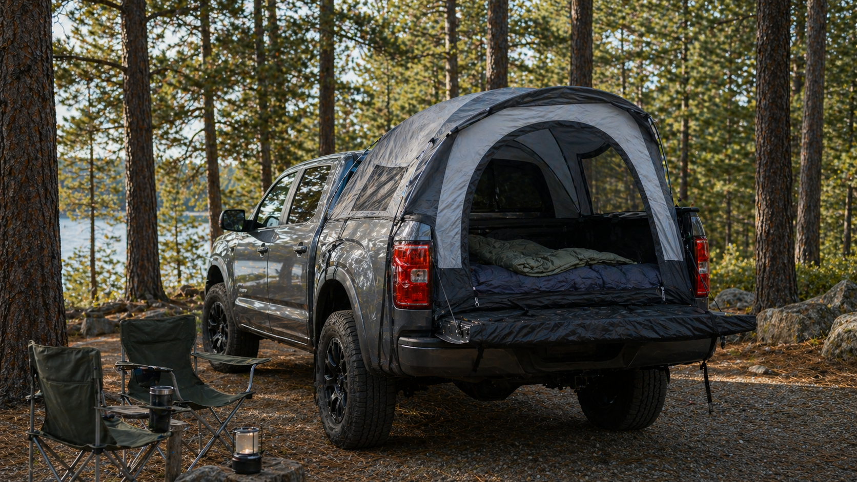 Truck bed tent setup at a forest campsite