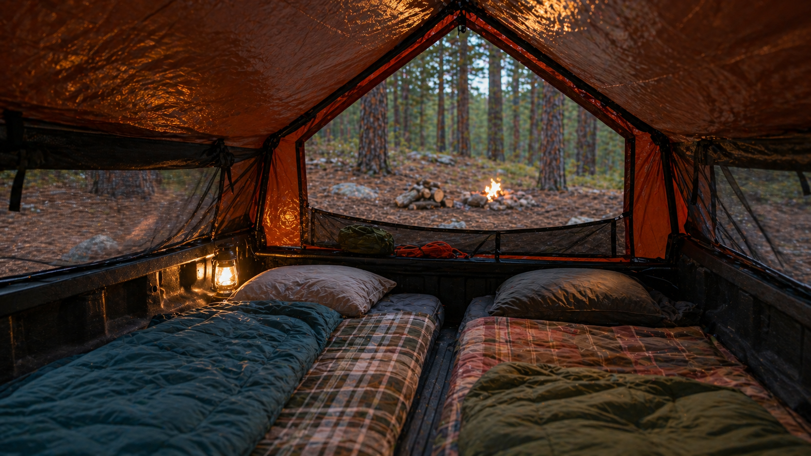 Sleeping setup inside a pickup truck bed tent