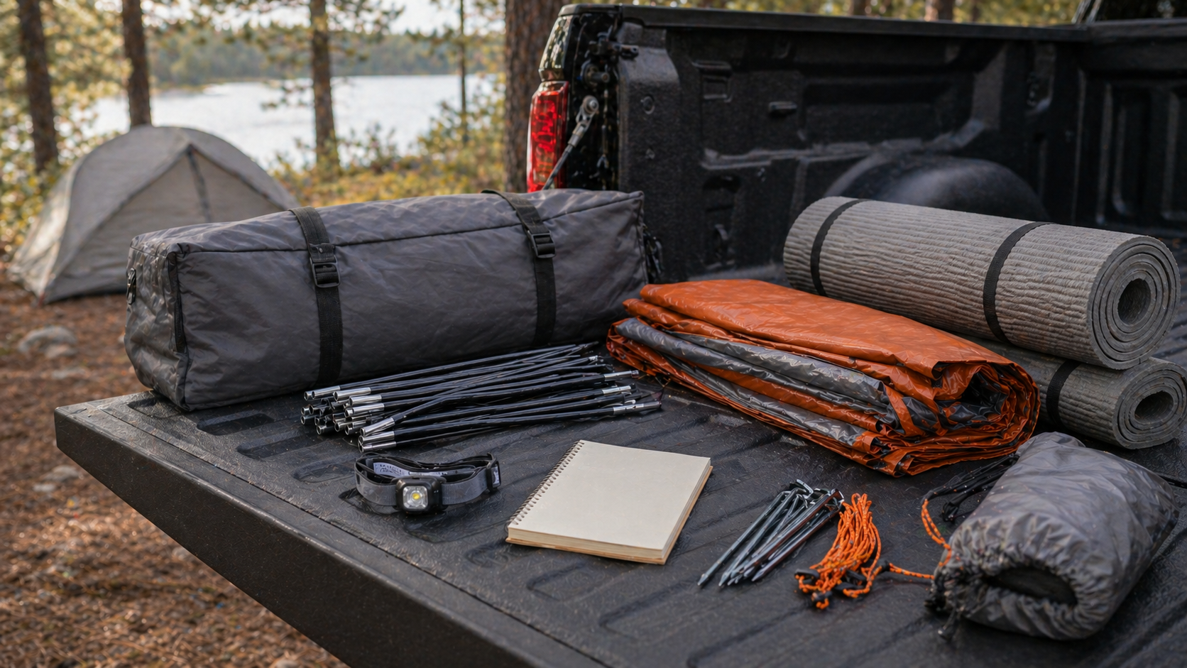Truck tent gear layout on a pickup tailgate