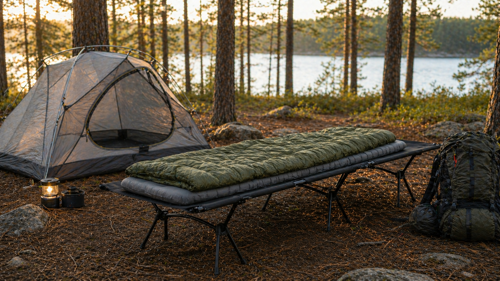 Ultralight camping cot beside a tent at a forest campsite