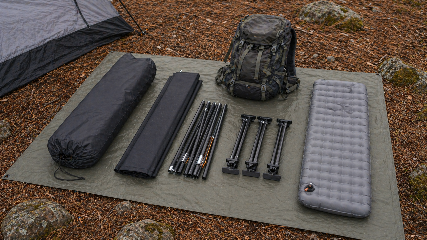 Camping cot packed layout with frame pieces and carry bag