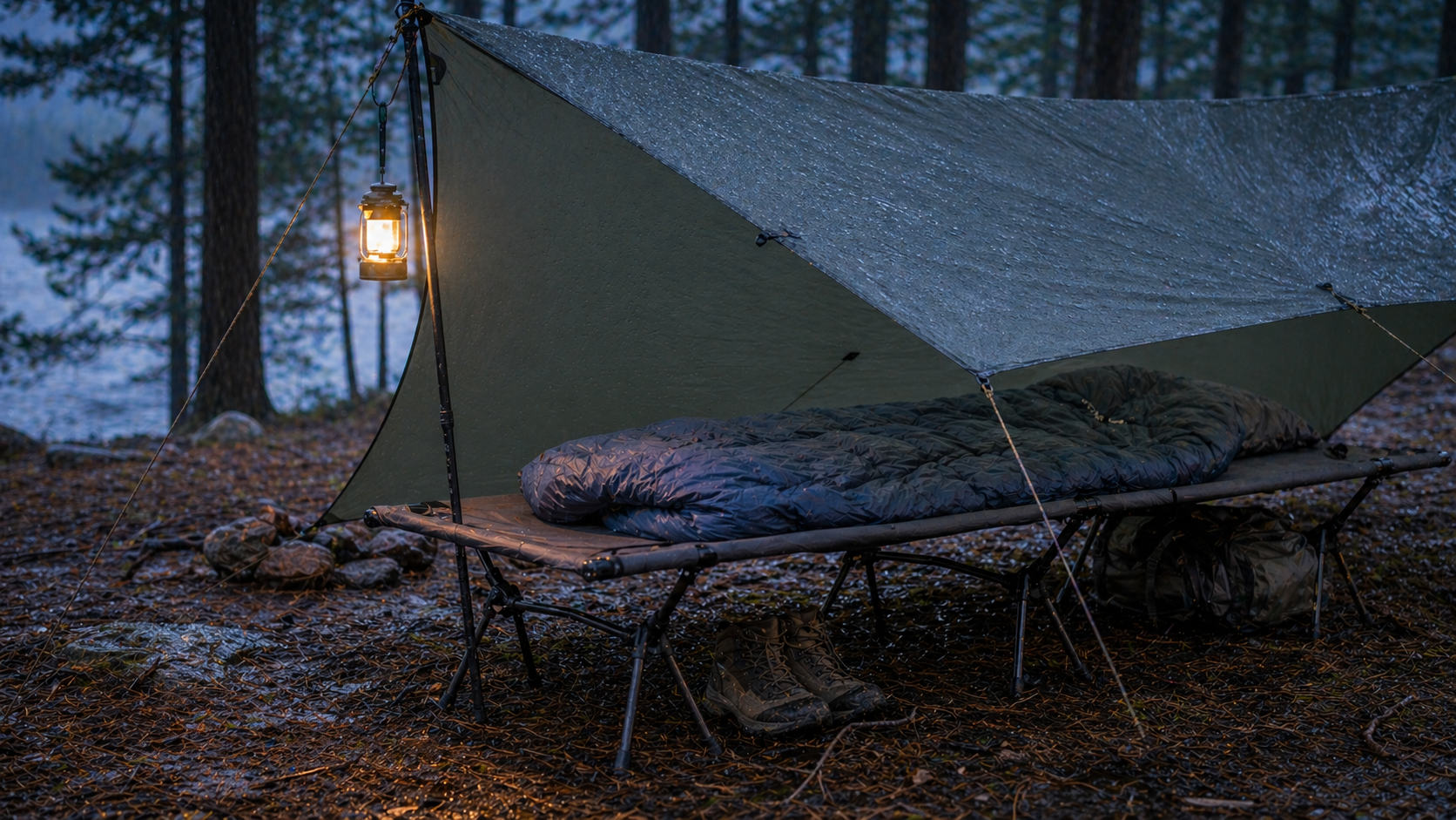 Ultralight camping cot under a tarp in damp weather