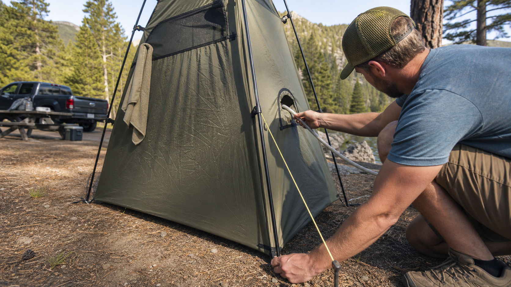 camper tightening guylines on a shower tent camping shelter