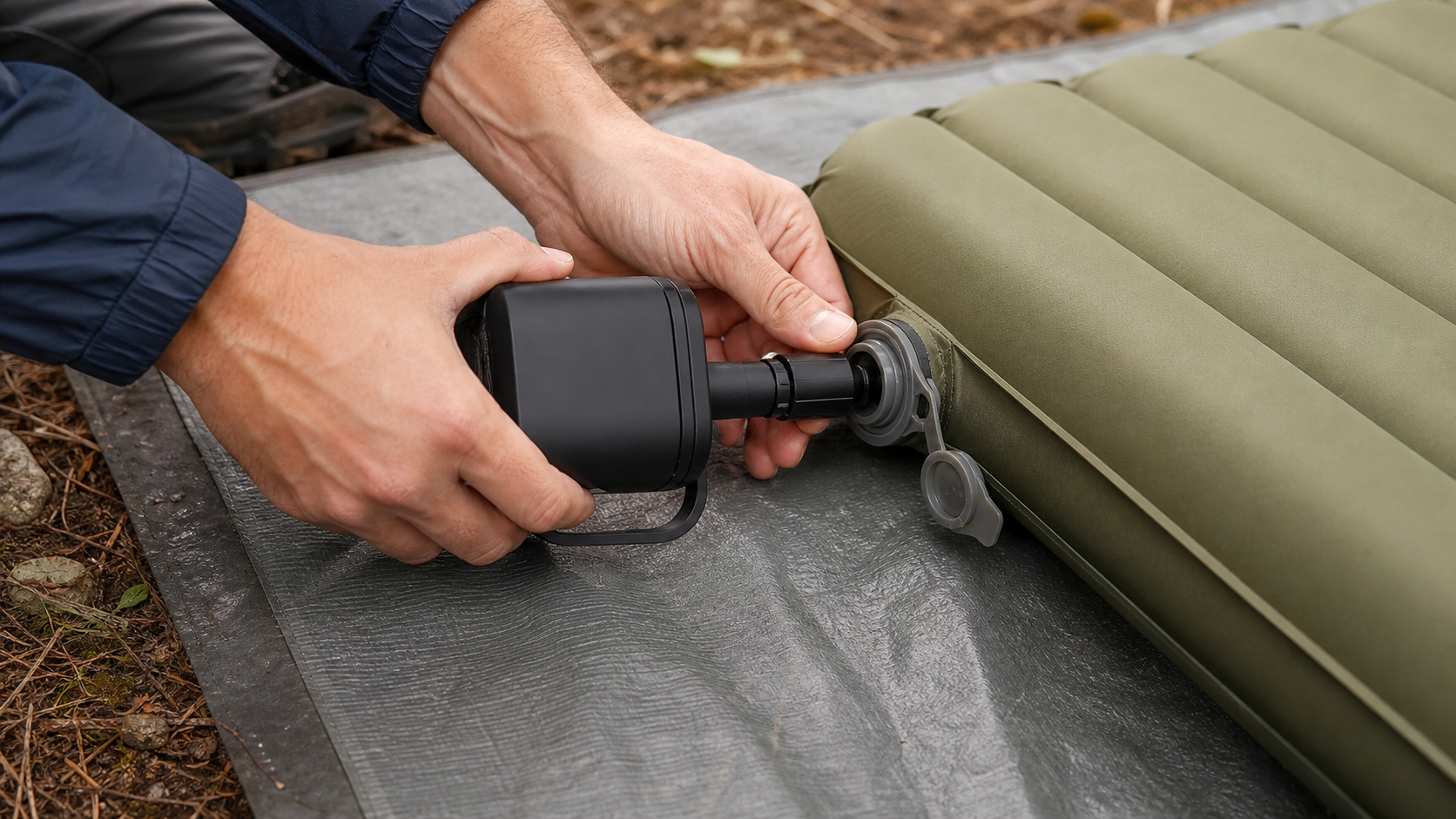 Rechargeable Air Pump Camping: 5 Smart Checks for Better Camp Setup 3 close-up of a rechargeable air pump camping valve adapter attached to an inflatable sleeping pad