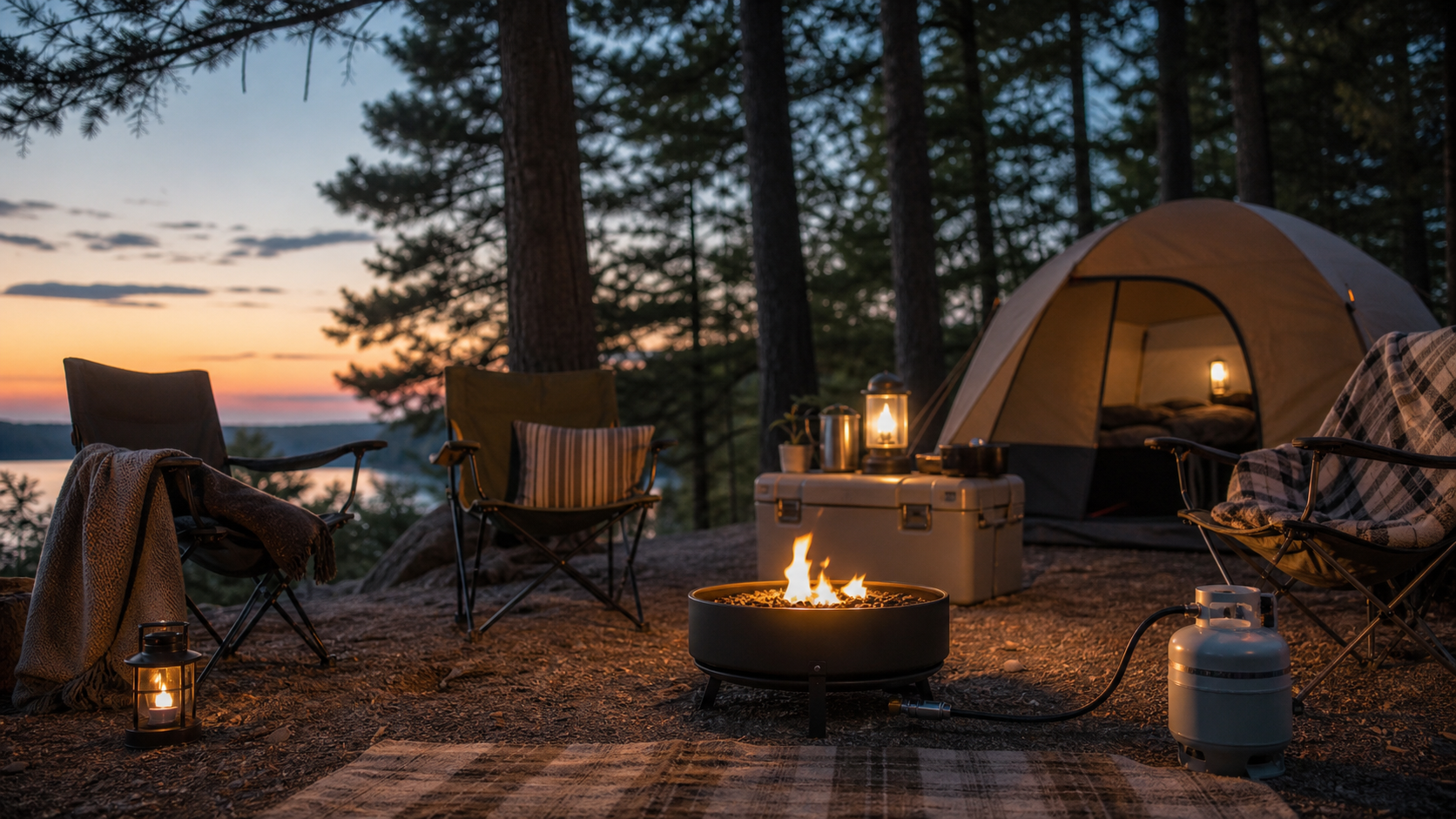 Portable Propane Fire Pit Camping Benefit cozy campsite with chairs and a portable propane fire pit camping setup at dusk