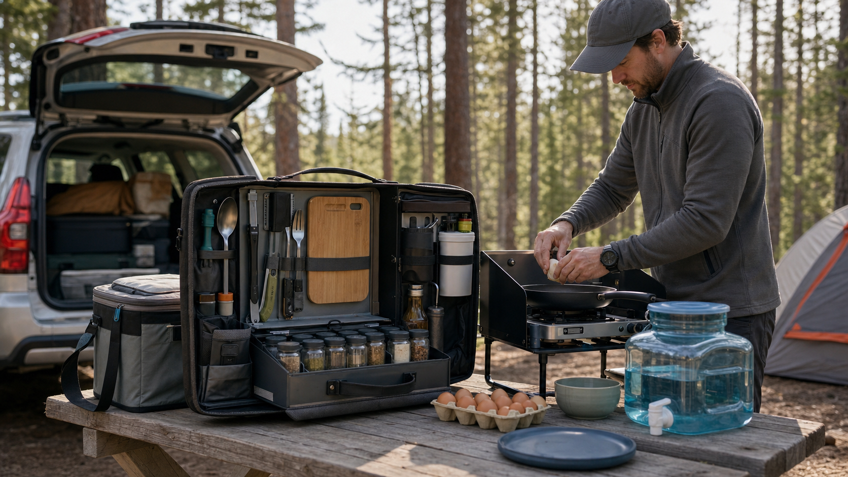 camp kitchen organizer supporting a clean campsite breakfast setup