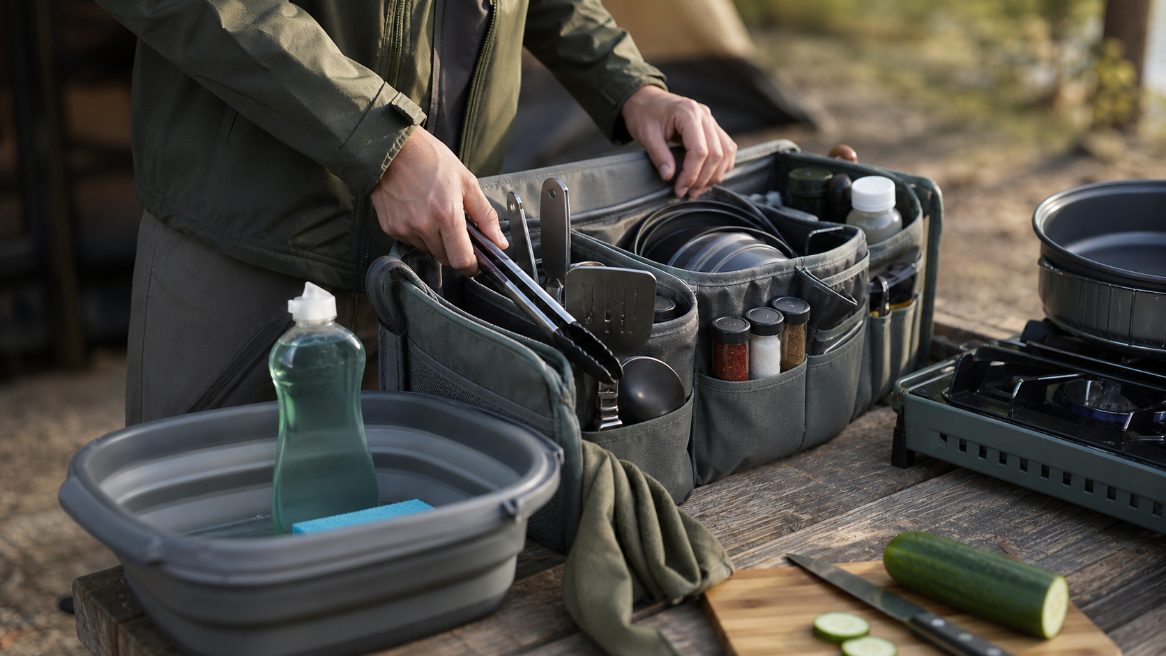 camp kitchen organizer with utensils and wash tub during setup