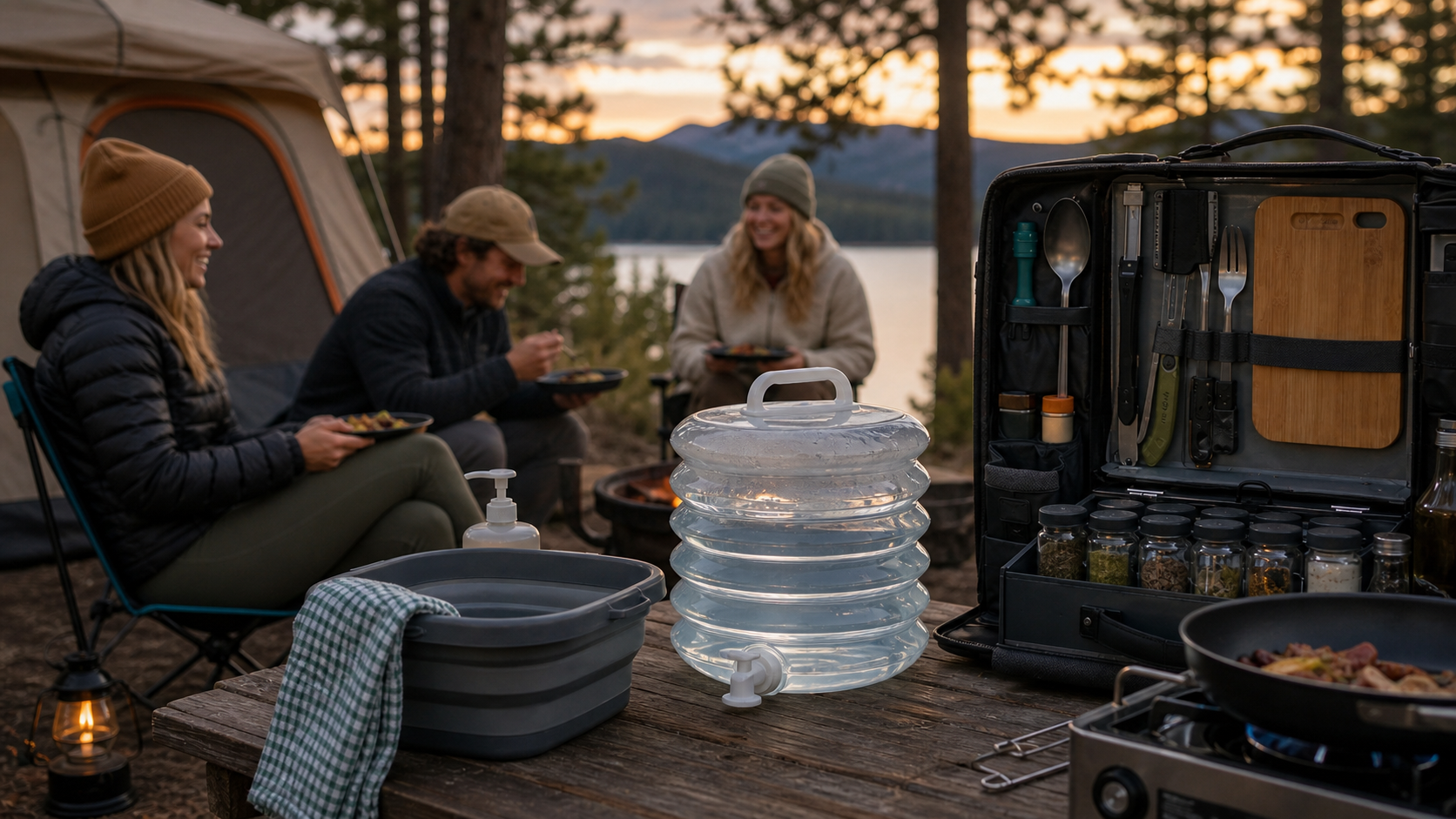 Collapsible Water Container Camping Evening Benefit collapsible water container camping station supporting dinner cleanup at camp