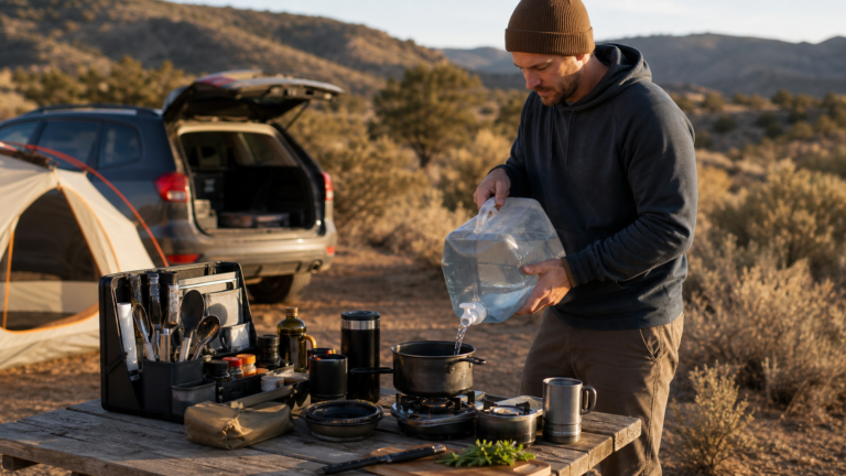 collapsible water container camping setup beside a dry campsite cook table