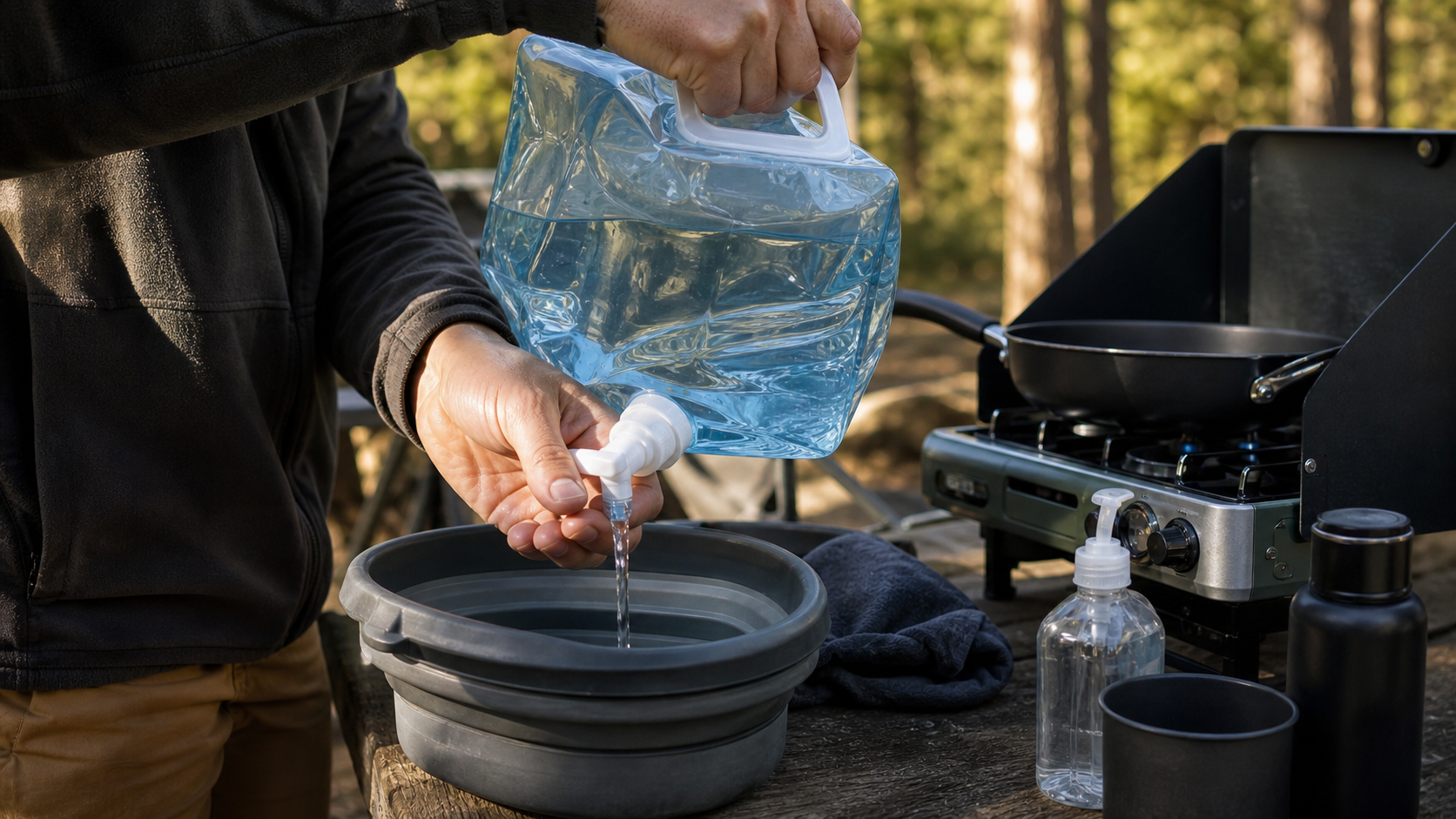 Collapsible Water Container Camping Spigot Detail collapsible water container camping spigot filling a wash basin at camp