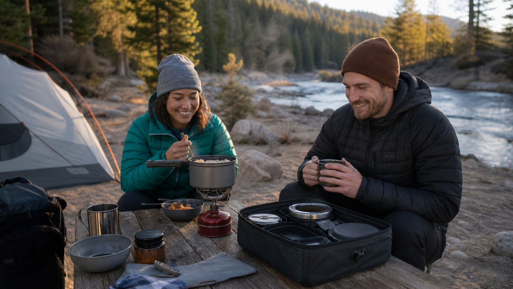 campers using a compact camping cooking kit for a hot riverside meal at camp