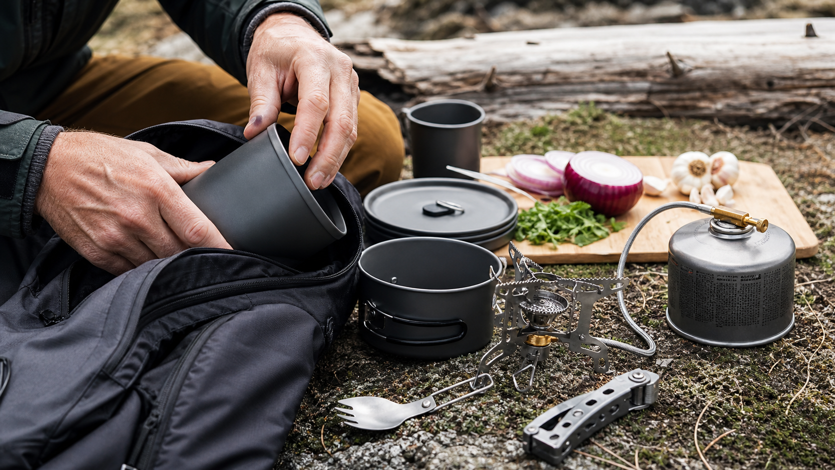 compact camping cooking kit unpacked beside a backpack with stove pot and folding utensils