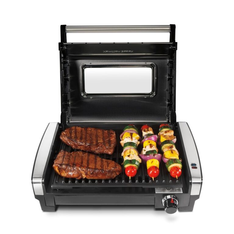 Hamilton Beach indoor searing grill front view with lid open