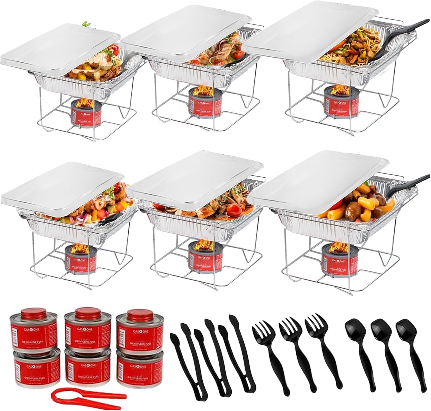 Alpha Living buffet set front view with six disposable chafing pans
