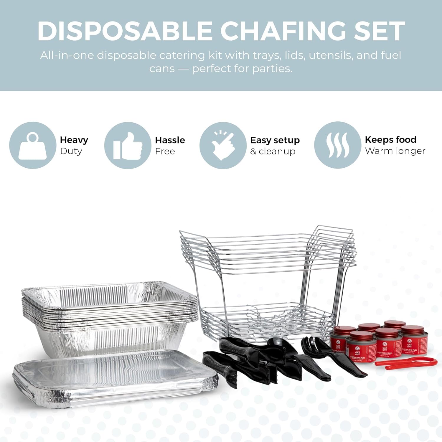 Alpha Living buffet set angled view showing pans and wire racks