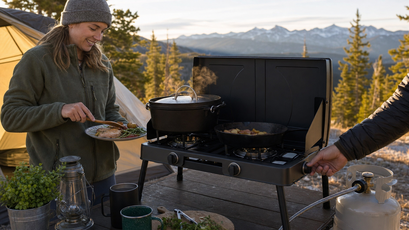 Gas One Propane Double Burner Camp Stove in action