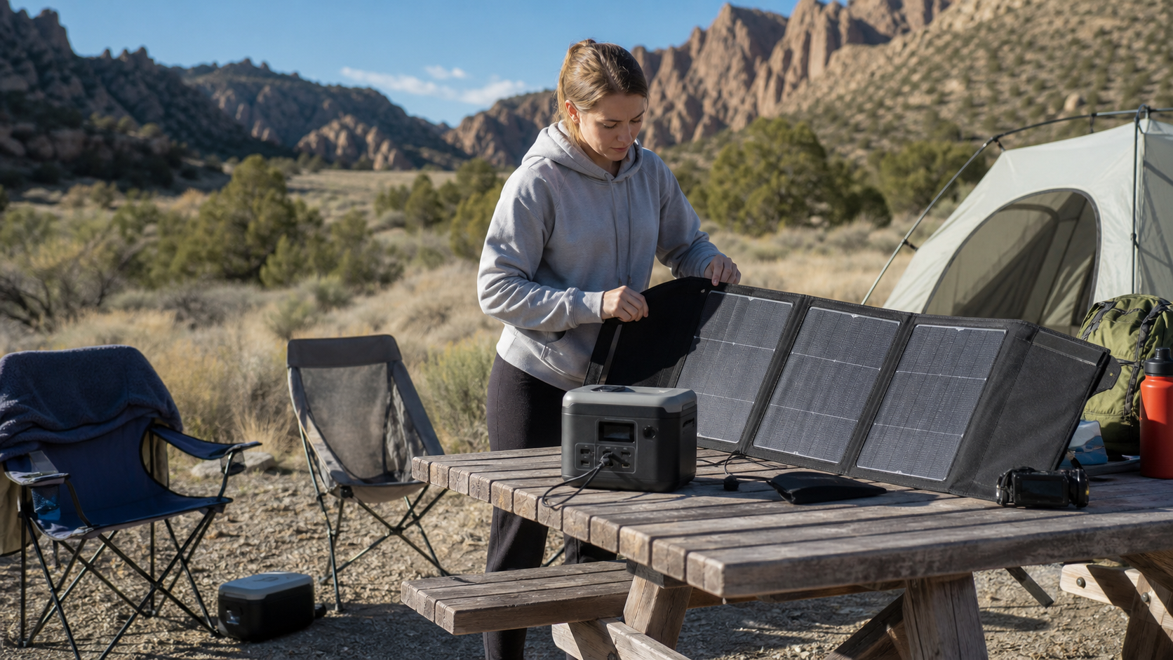 folding solar panel camping hero image at a sunny campsite