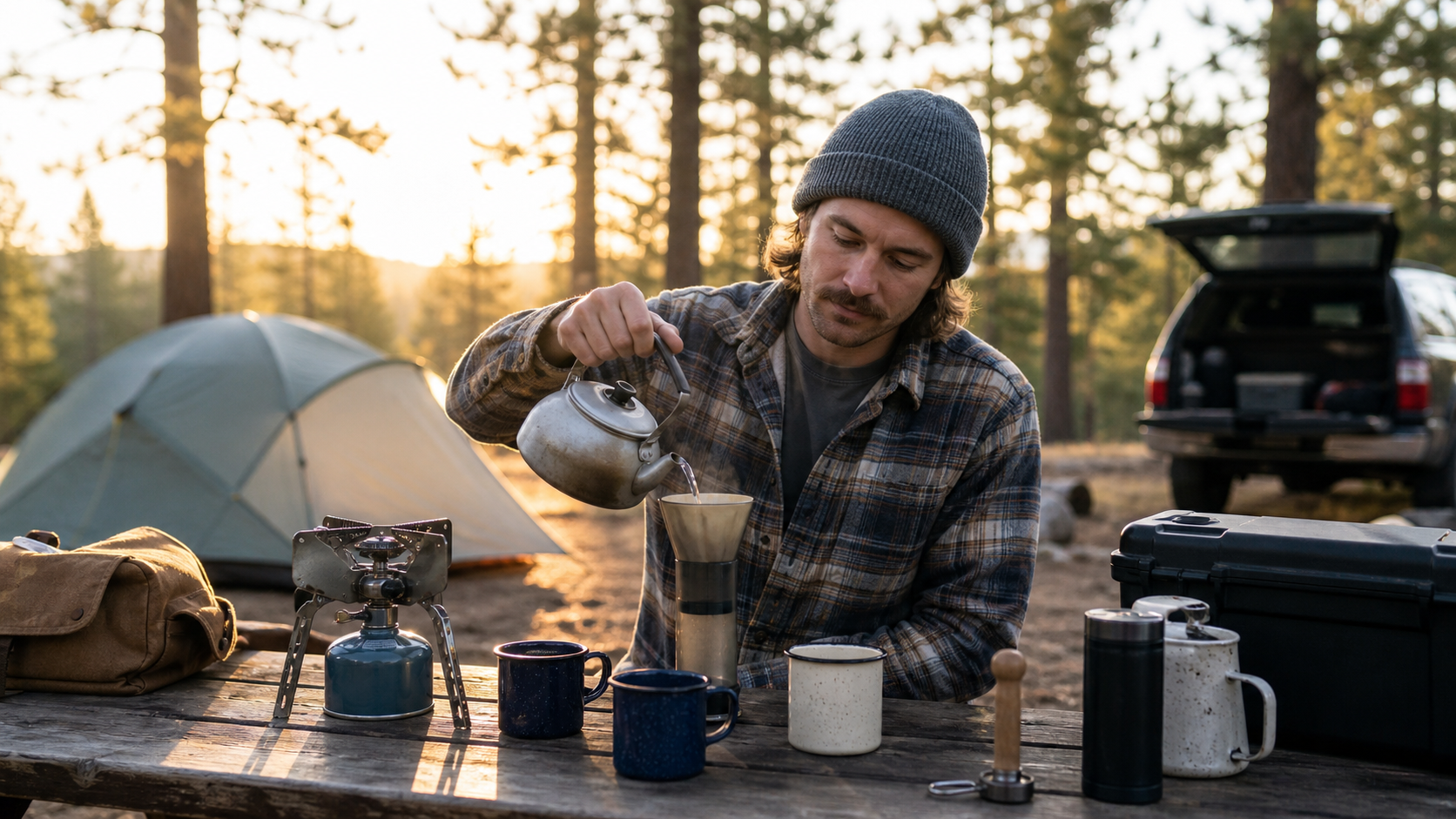 Portable Camping Coffee Maker Hero portable camping coffee maker brewing at a sunrise campsite