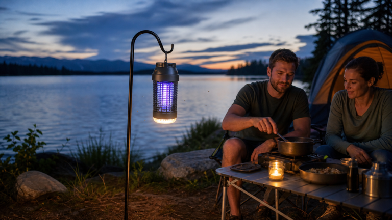 rechargeable bug zapper lantern hanging beside a lakeside camp kitchen at dusk