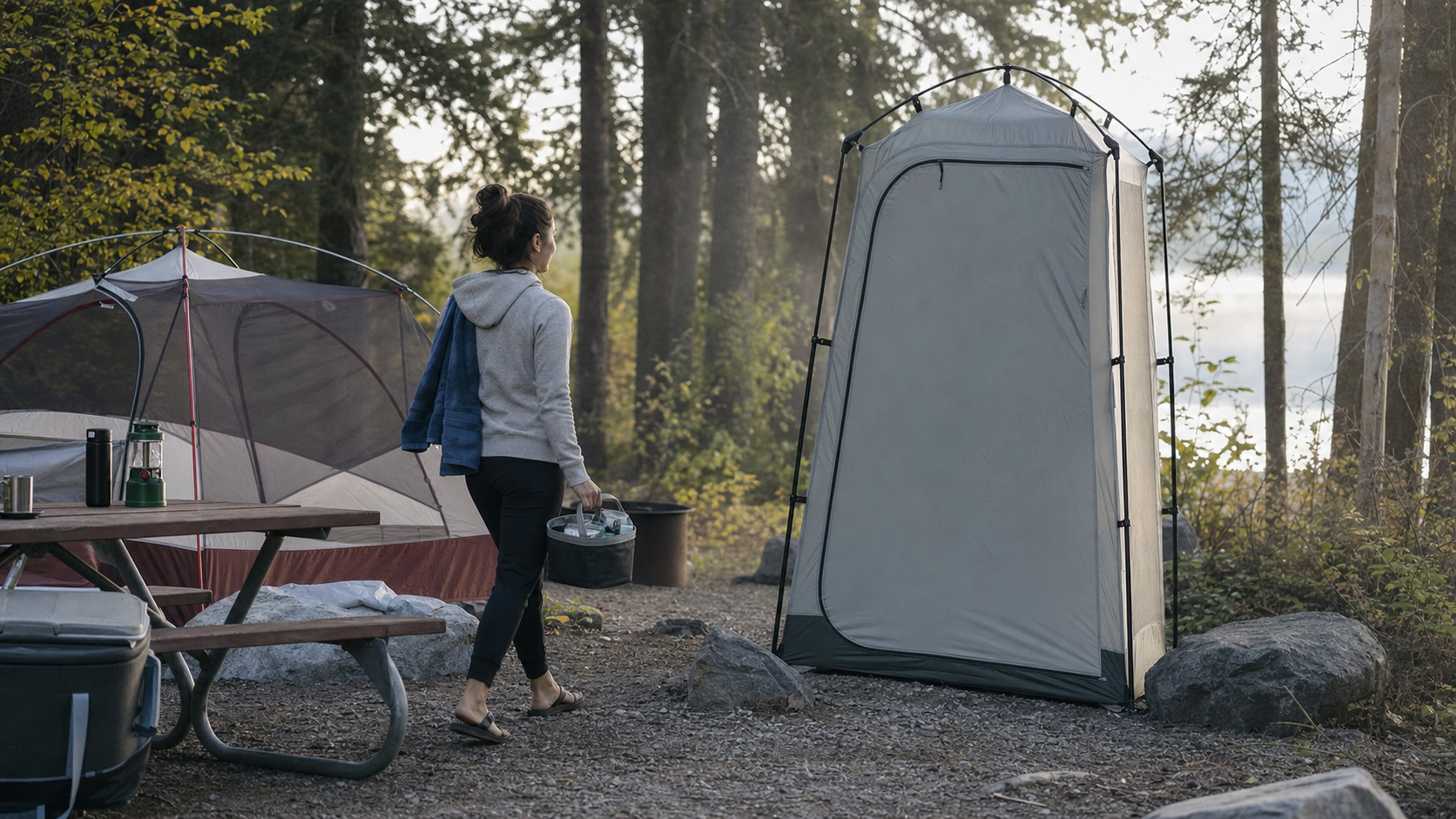 camping privacy shelter set up beside a family campsite at dawn