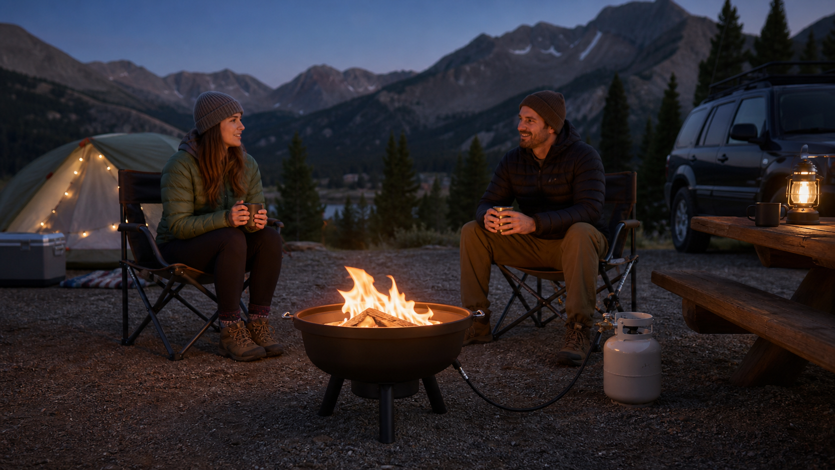 Portable Propane Fire Pit Camping Hero portable propane fire pit camping at a mountain campsite after sunset