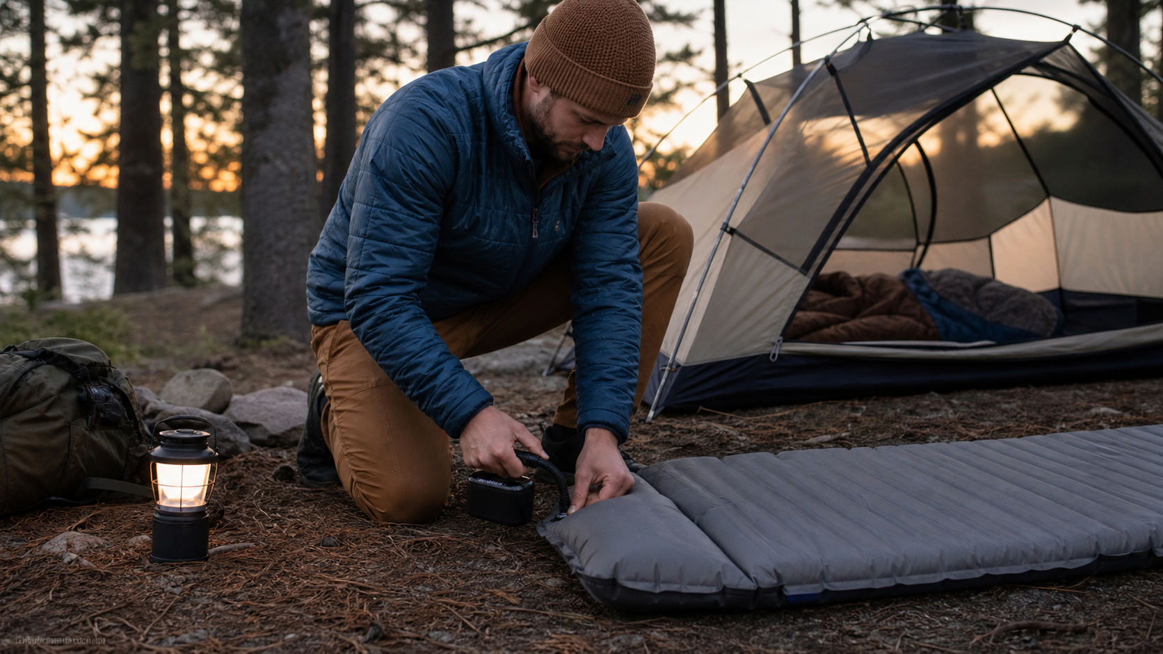 Rechargeable Air Pump Camping: 5 Smart Checks for Better Camp Setup 2 rechargeable air pump camping setup inflating a sleeping pad beside a tent at dusk