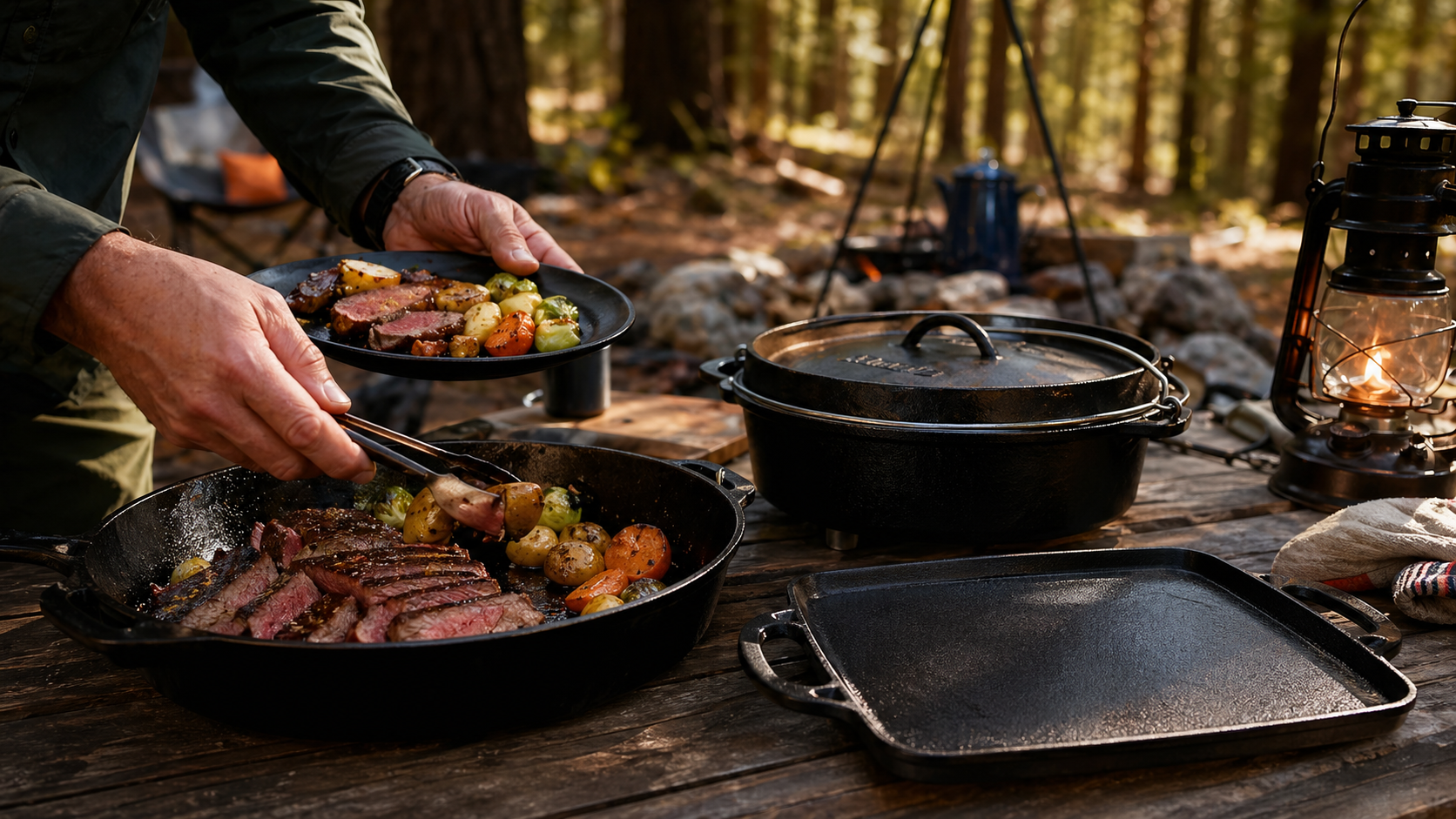 Lodge Cast Iron 5-Piece Set: 7 Powerful Reasons It Wins for Campfire Cooking 3 Camper cooking steak in the Lodge Cast Iron 5-Piece Set skillet