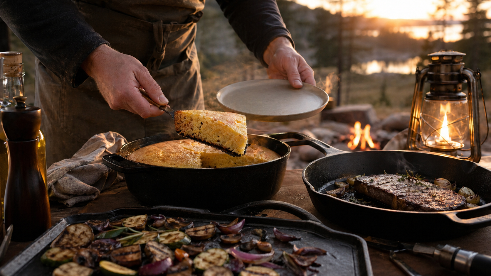Lodge Cast Iron 5-Piece Set: 7 Powerful Reasons It Wins for Campfire Cooking 5 Serving cornbread from the Lodge Cast Iron 5-Piece Set dutch oven