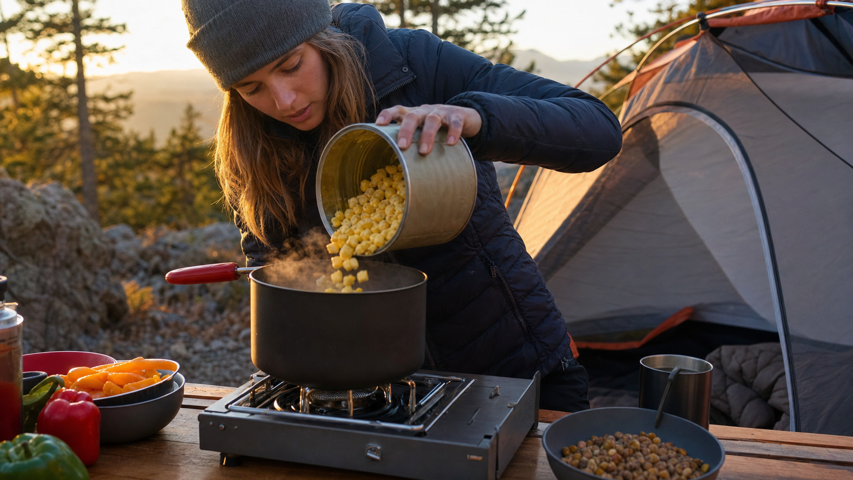 Augason Farms Freeze Dried Sweet Corn at a campsite meal prep scene