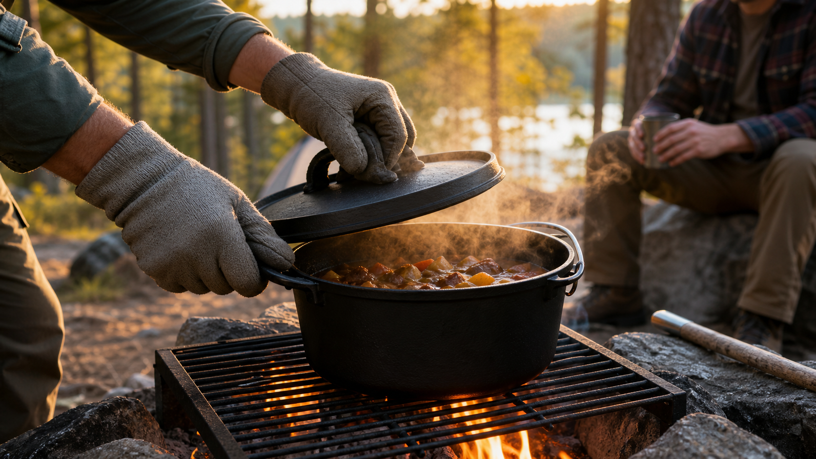 Lodge Cast Iron Dutch Oven at a campfire cooking station