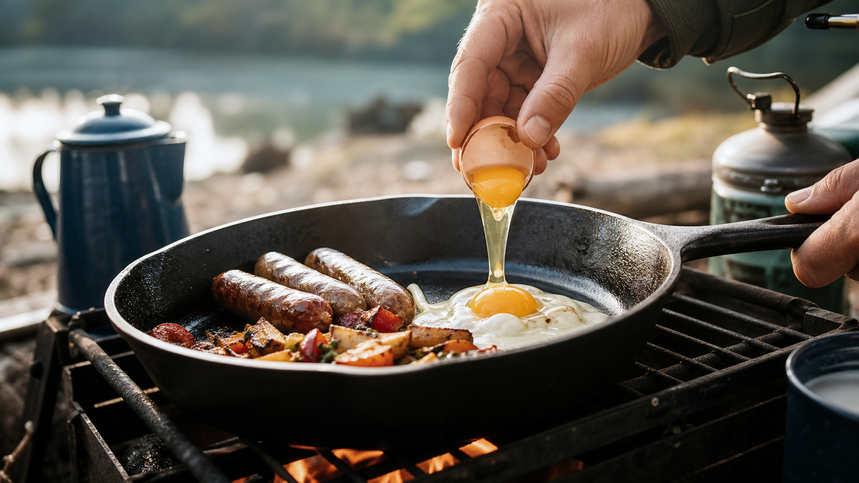 Lodge Seasoned Cast Iron Skillet product view at a campsite