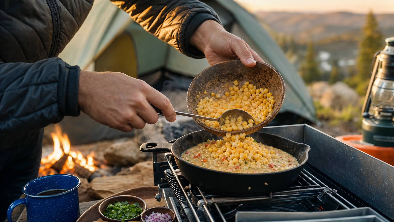 Augason Farms Freeze Dried Sweet Corn being served into a skillet at camp