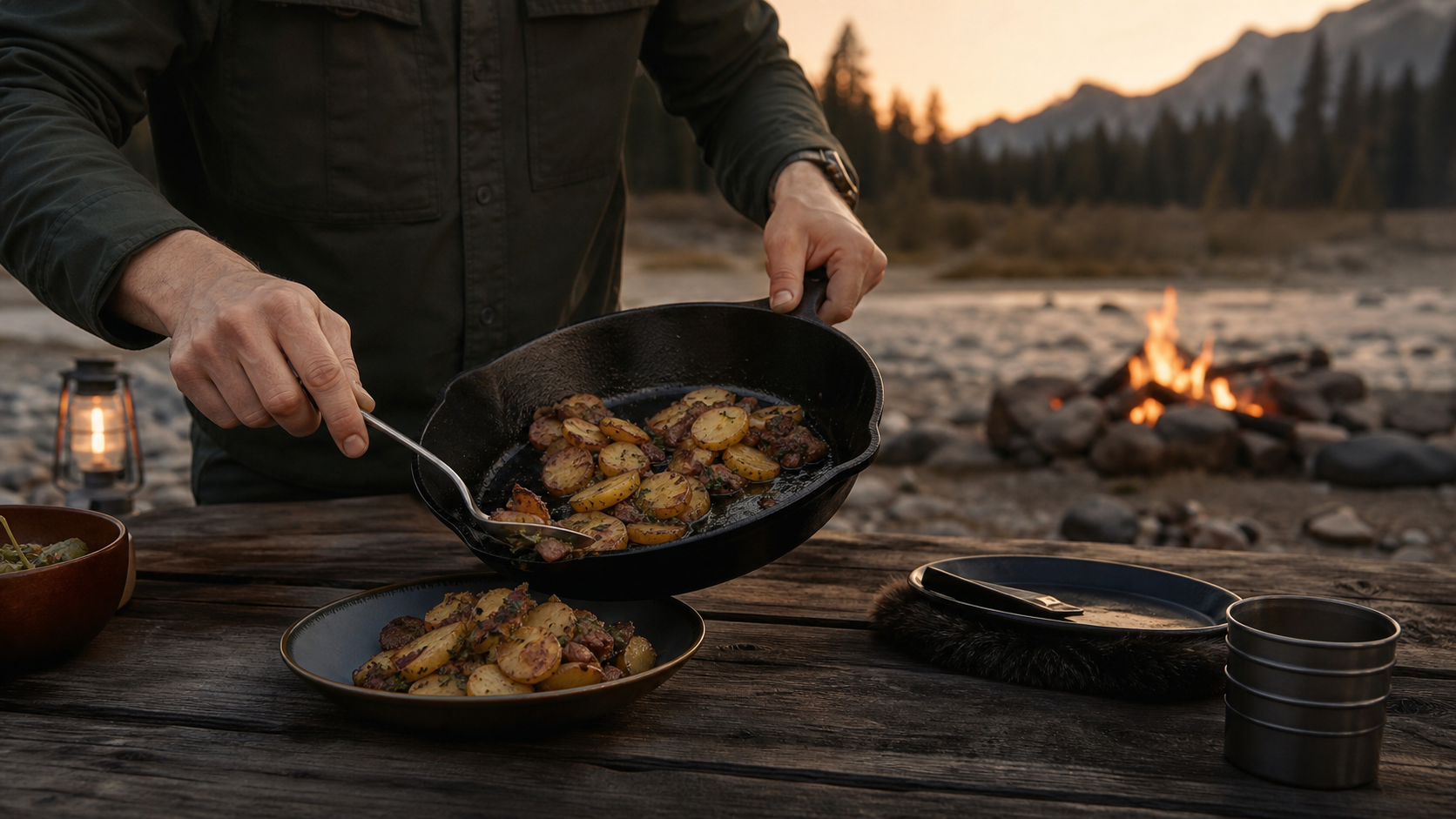 Lodge Seasoned Cast Iron Skillet in action at a campsite