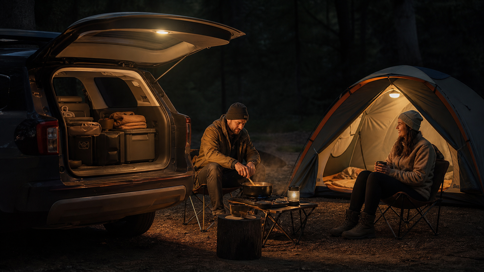 Magnetic Tent Light campsite image magnetic tent light creating warm campsite lighting under an SUV hatch
