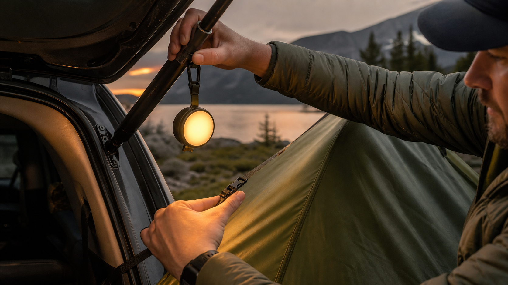 Magnetic Tent Light setup image magnetic tent light clipped to a tent loop during camp setup