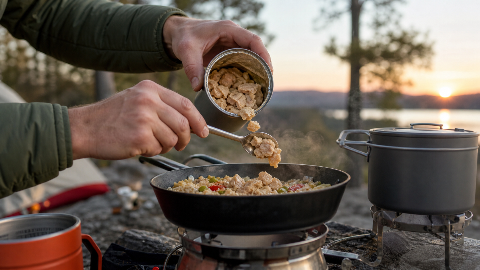 Mountain House Diced Chicken being rehydrated and cooked at a campsite