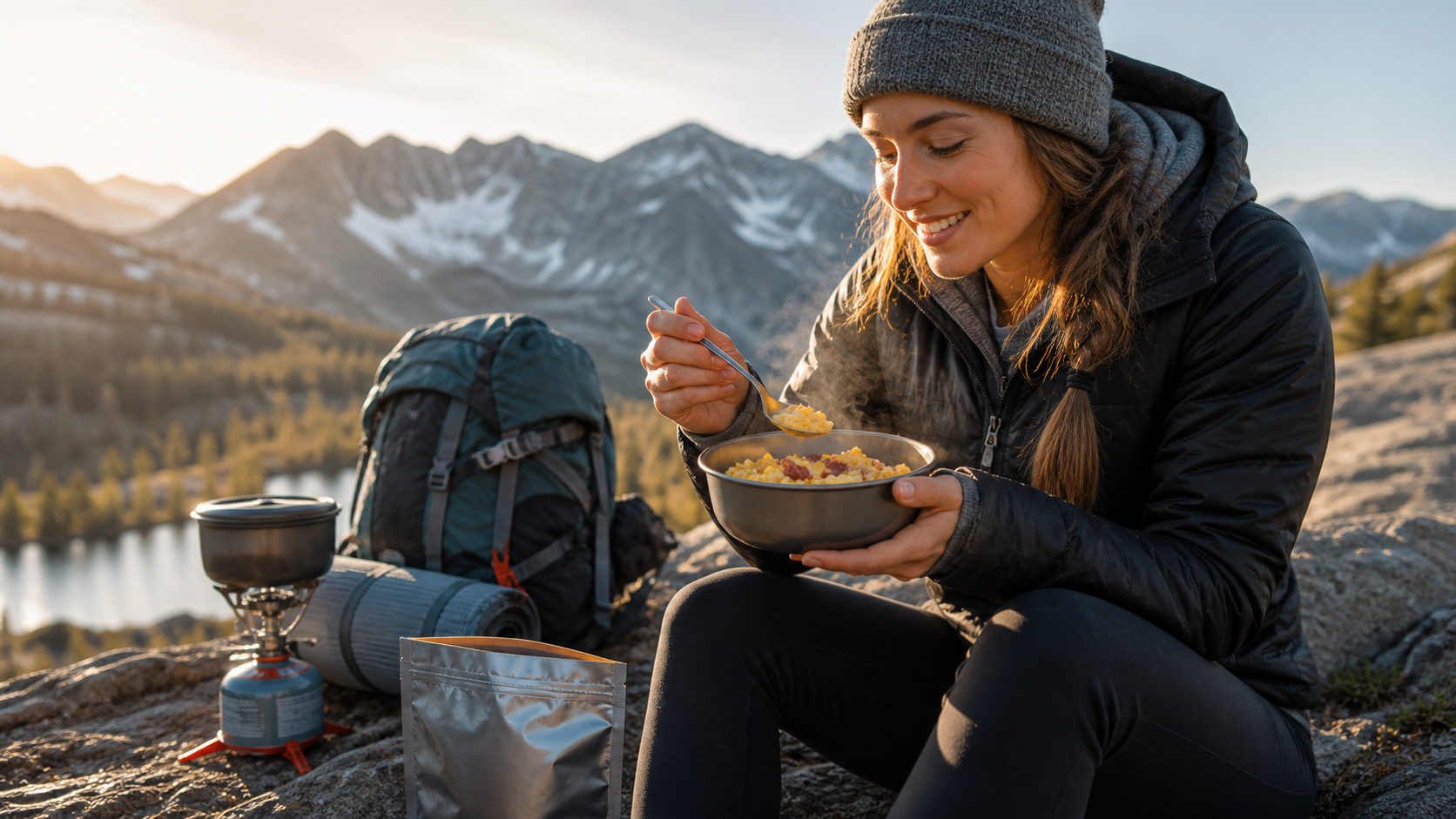 Mountain House Scrambled Eggs with Uncured Bacon being prepared at camp