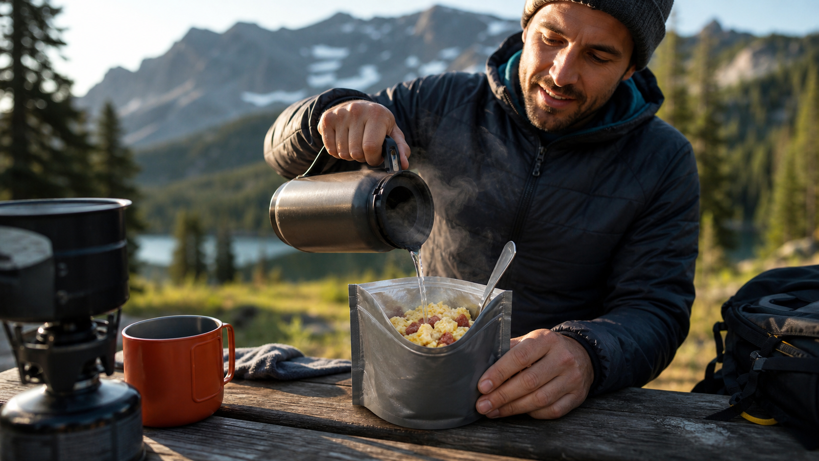 Mountain House Scrambled Eggs with Uncured Bacon served as a campsite breakfast